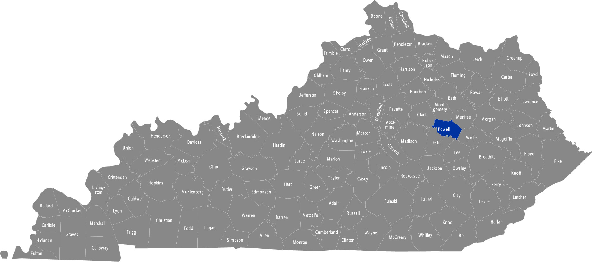State of Kentucky map with Powell County highlighted